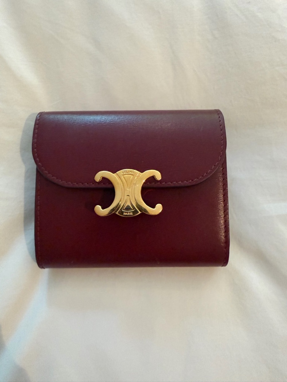 Celine Triomphe Compact Wallet - Burgundy with Gold Hardware